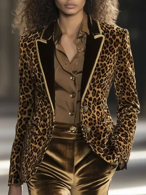 【24-hour shipping】Casual Fashion Velvet Leopard Print Contrast Lapel Gold Edge Blazer