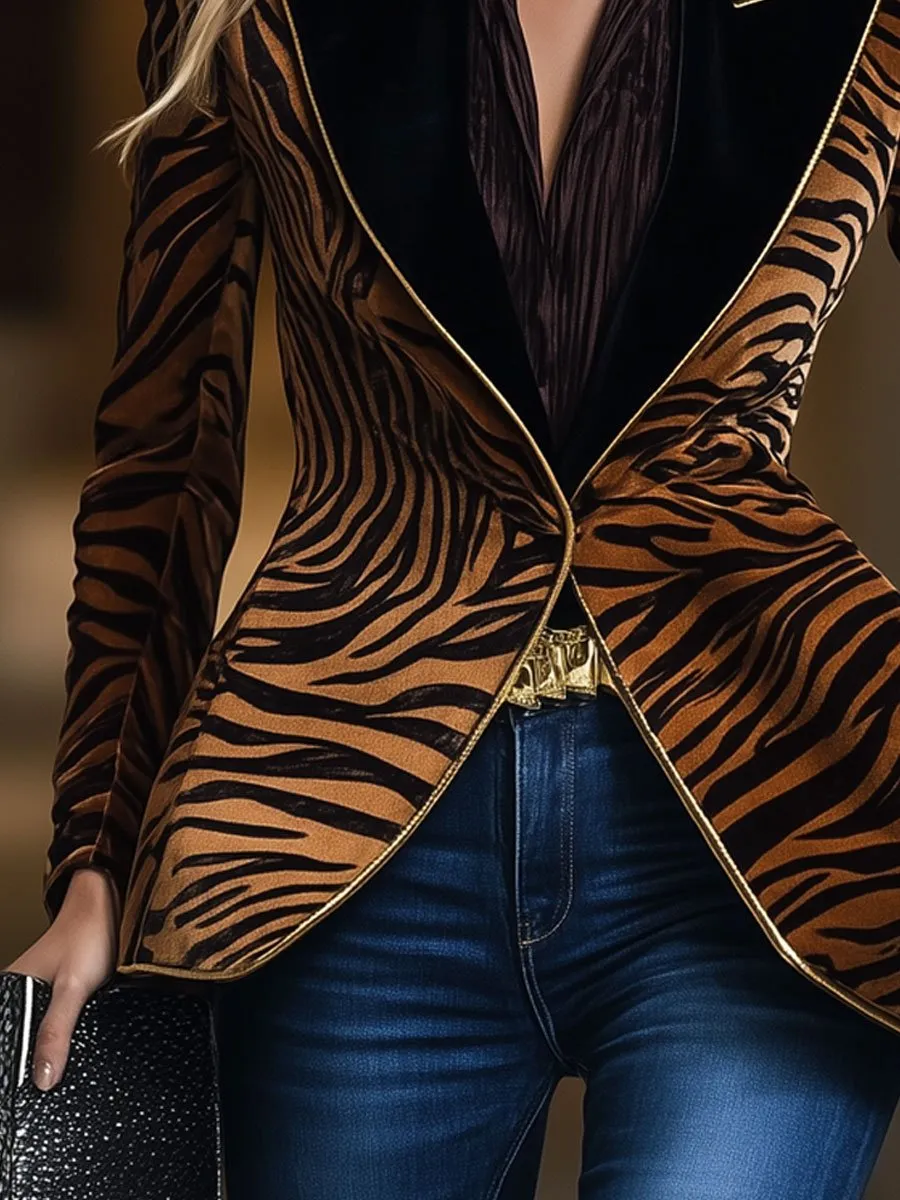 【24-hour shipping】Casual Loose Vintage Velvet Zebra Pattern Gold Wire Striped Lapel Pocket Blazer