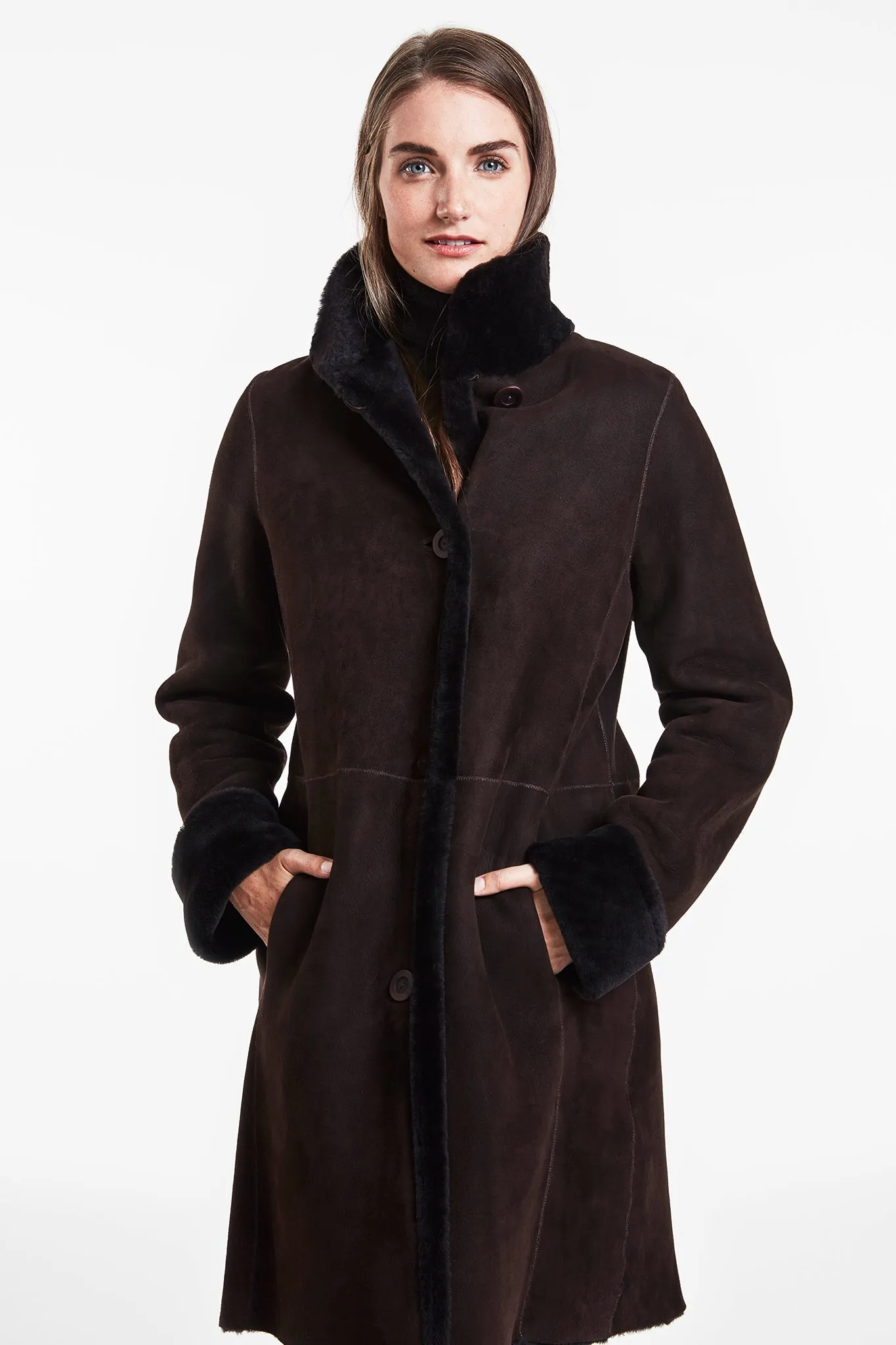 #6160 Reversible Spanish Merino Shearling Coat shown in "soft black"