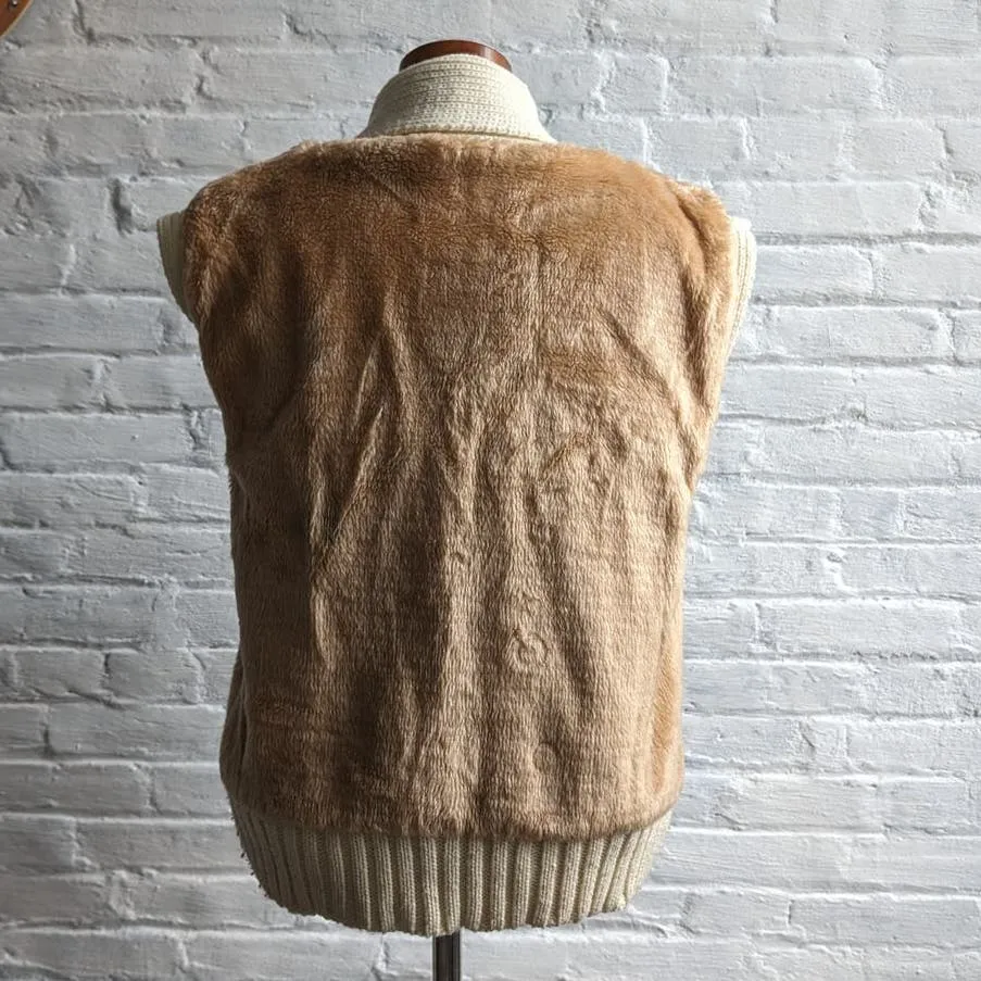 70s Vintage Knit Grandpa Sweater Vest Preppy Reversible Shaggy Faux Fur Top