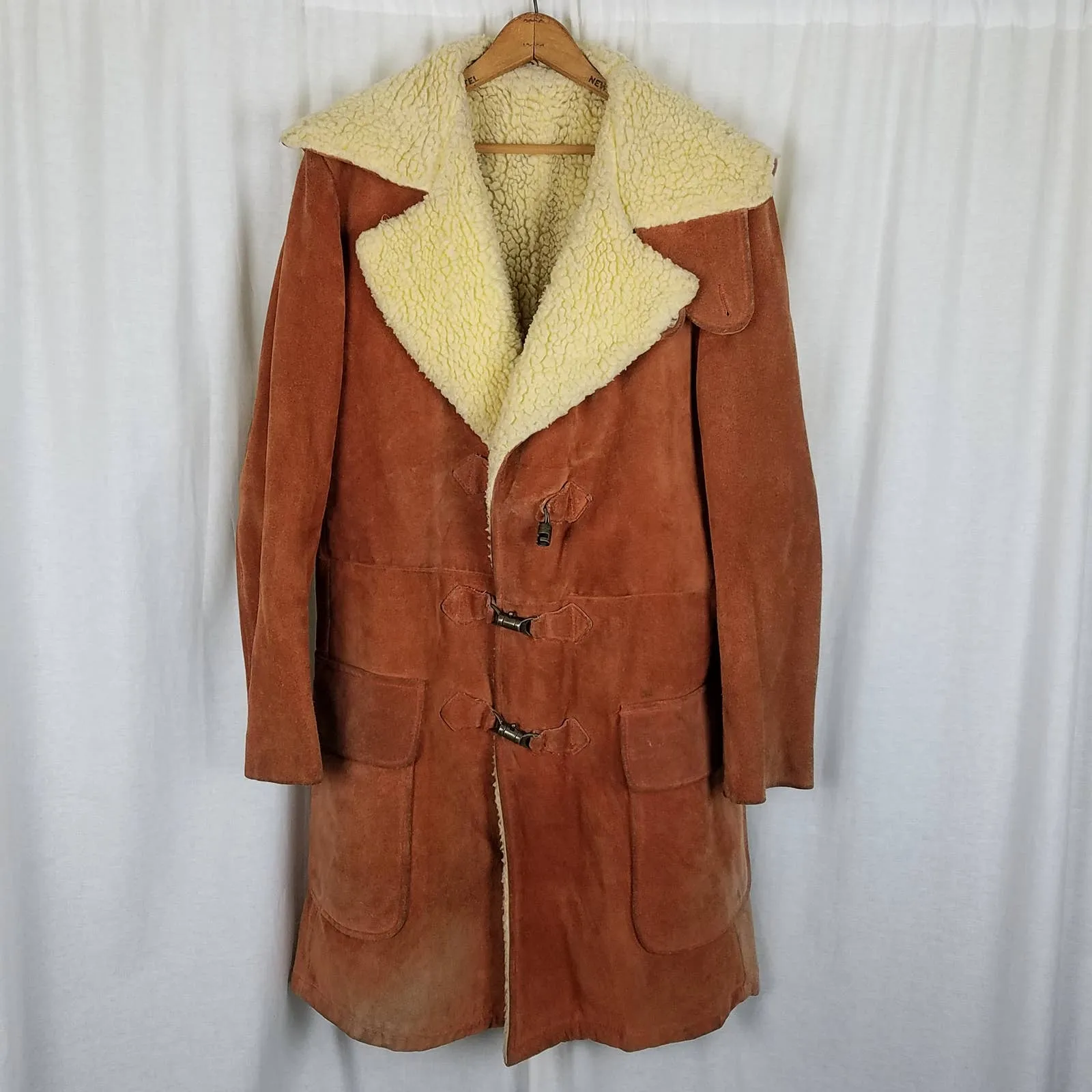 A Robert Lewis Idea Sherpa Shearling Rancher Leather Suede Coat Mens 42 Rust 70s