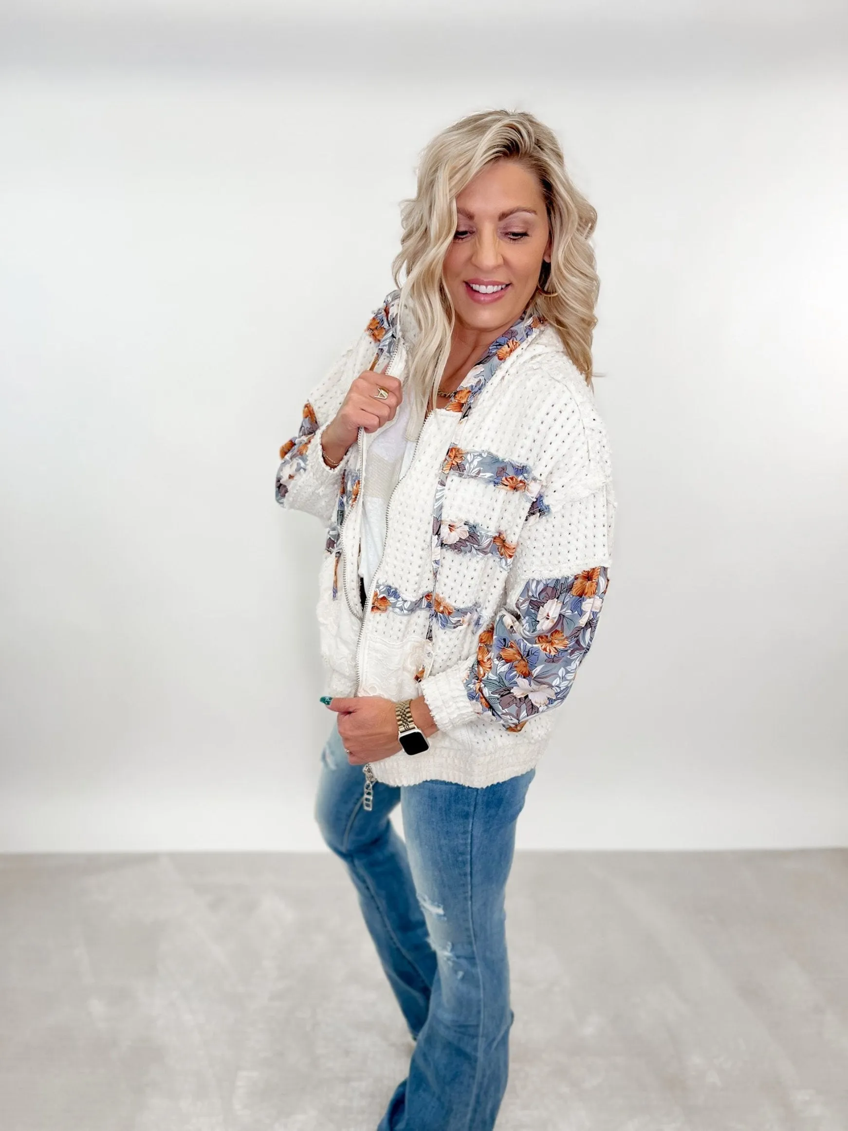 Bloom & Breeze Floral Hoodie Jacket, Ivory