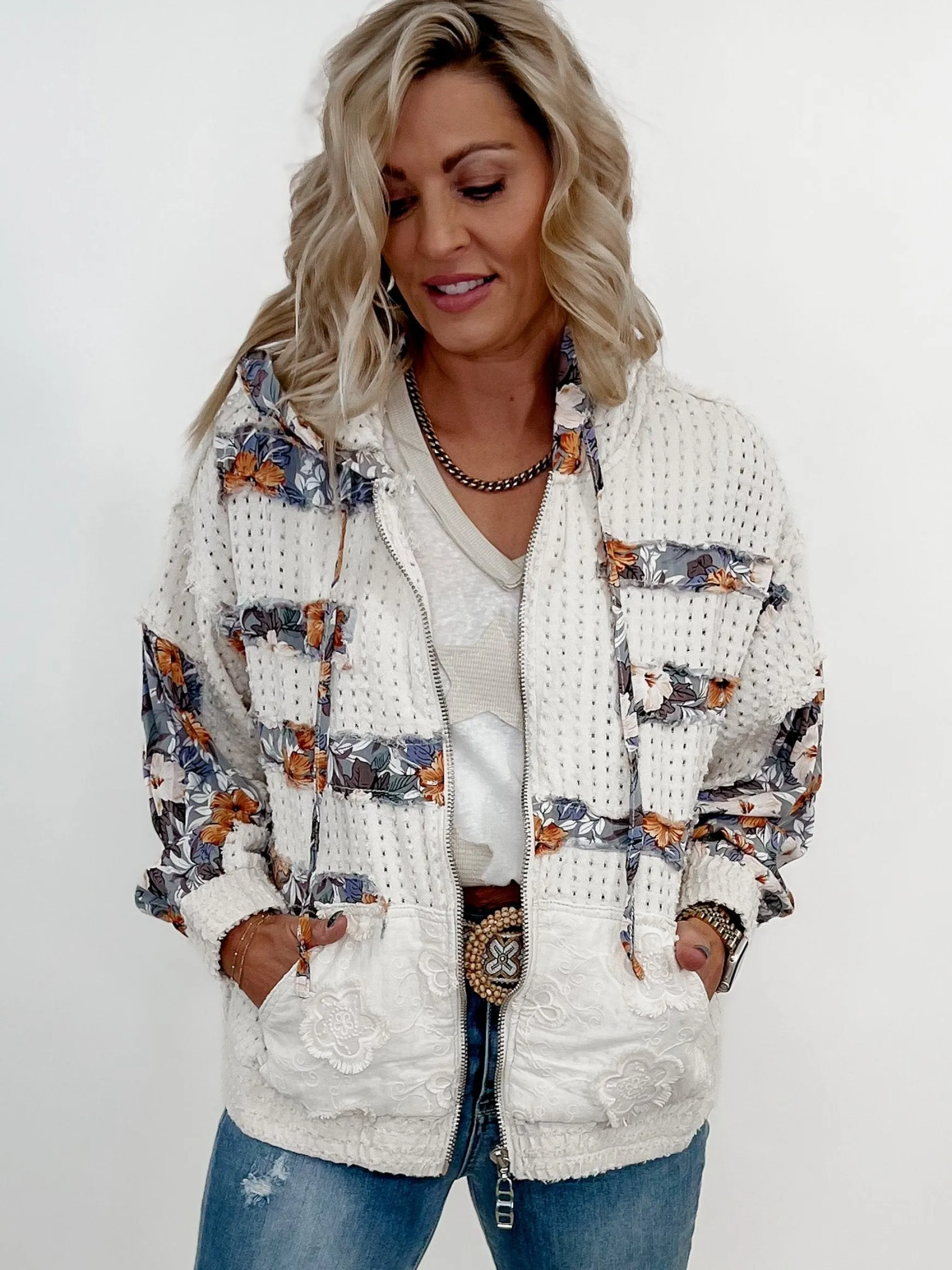 Bloom & Breeze Floral Hoodie Jacket, Ivory