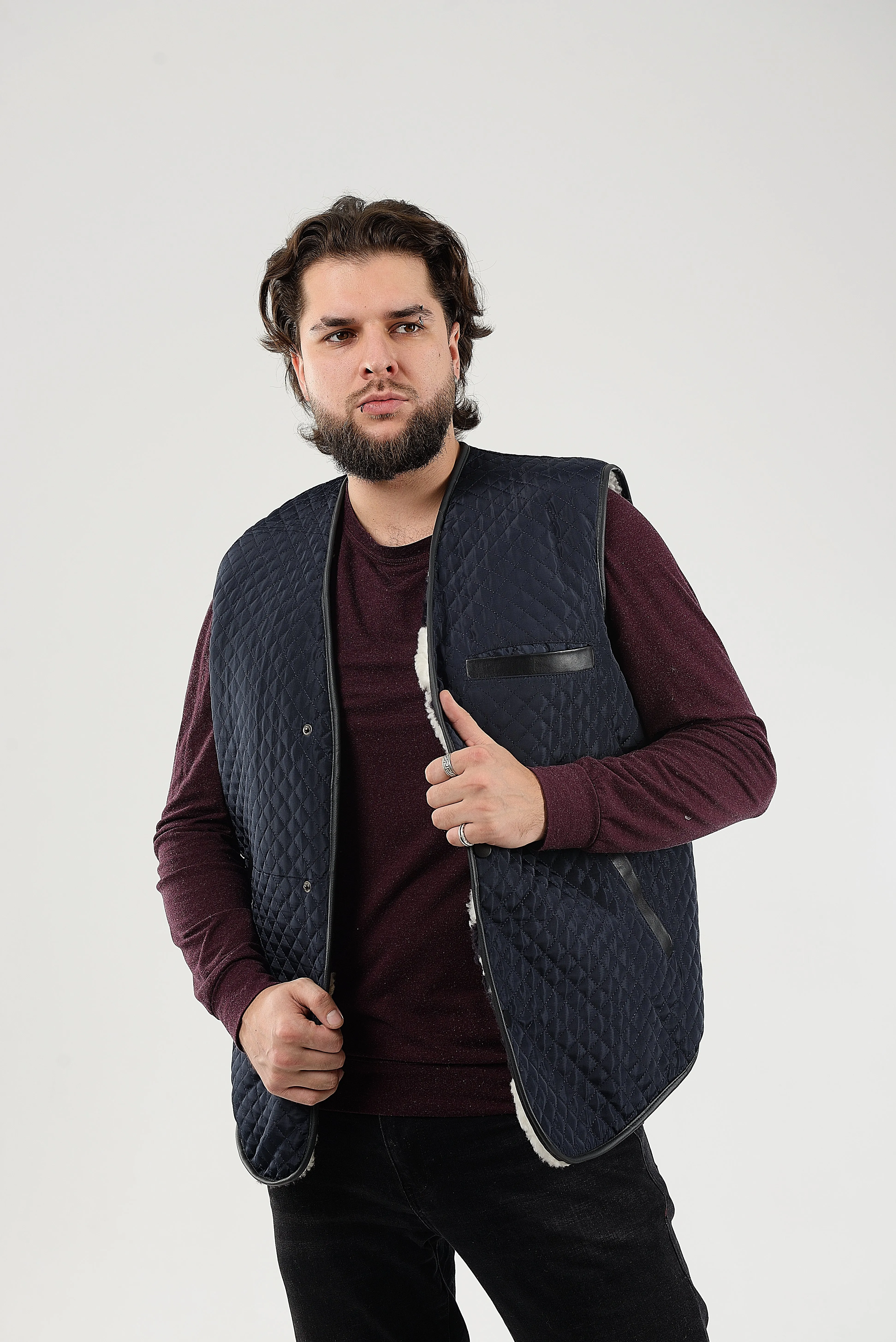 Blue Warm Men Sleeveless Quilted Sheepskin Jacket, Vest Rancher, Western Styling With Pockets