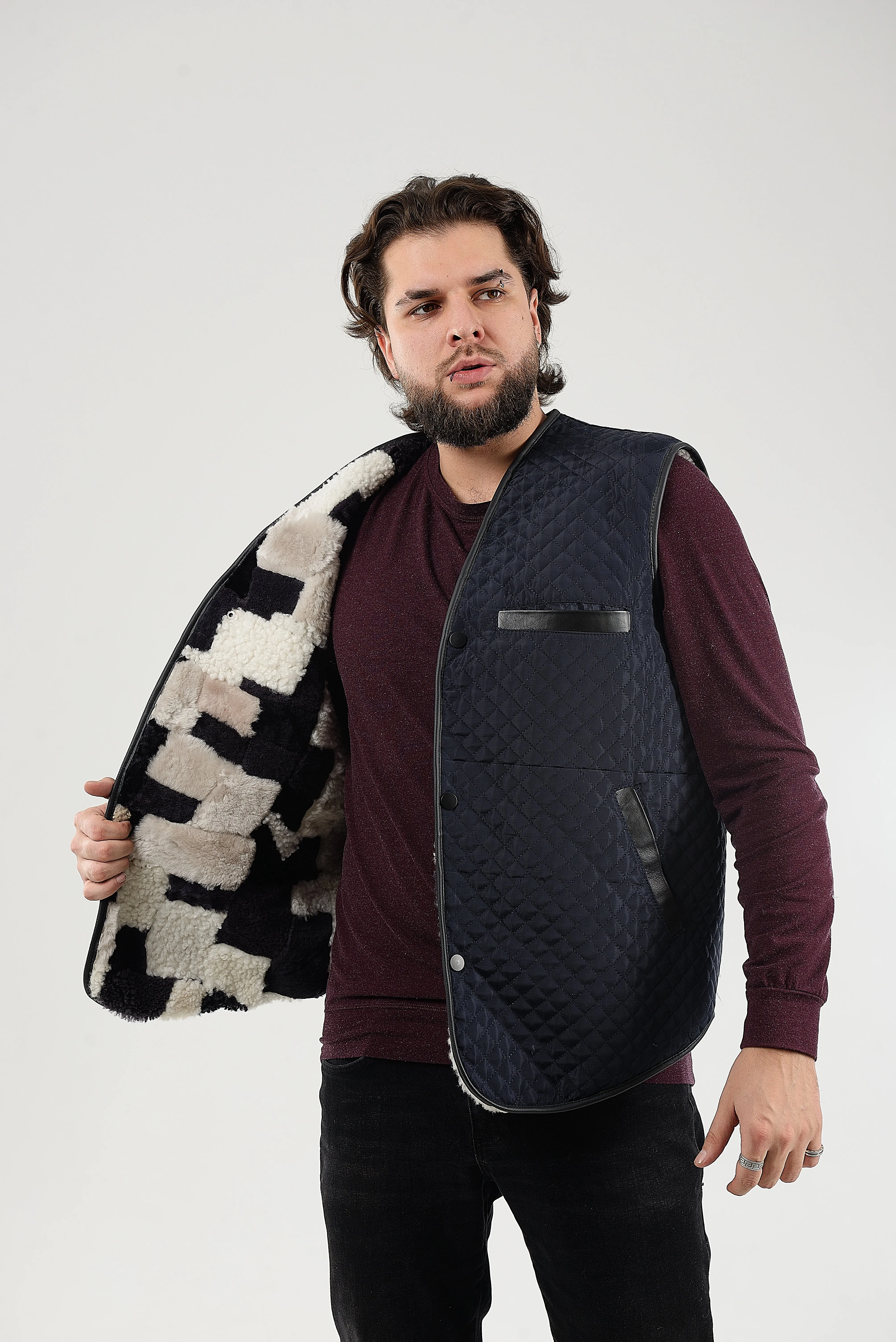 Blue Warm Men Sleeveless Quilted Sheepskin Jacket, Vest Rancher, Western Styling With Pockets