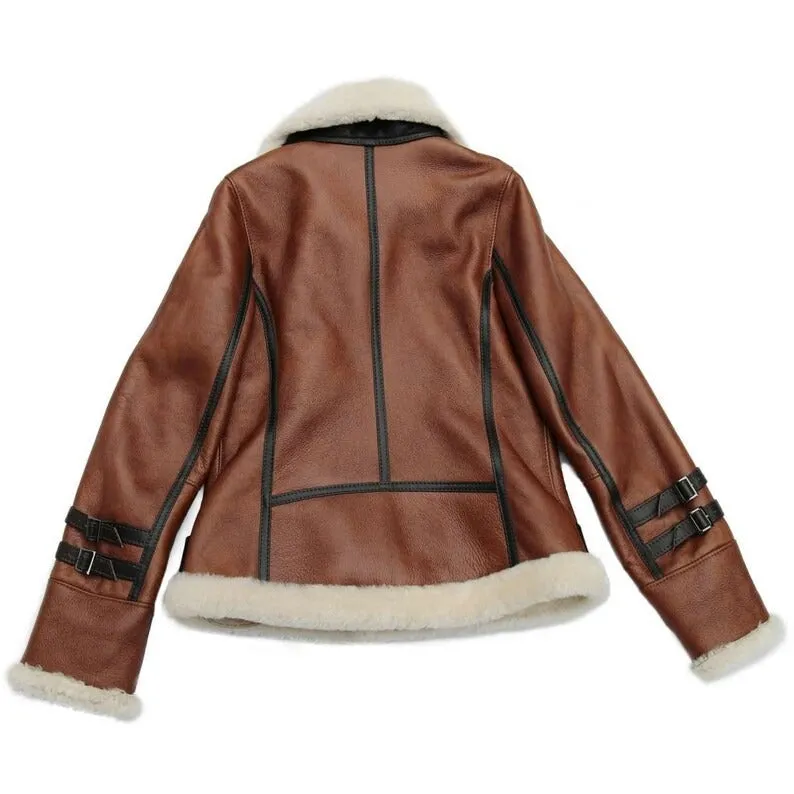 Brown B3 RAF Aviator Shearling Leather Jacket for Women