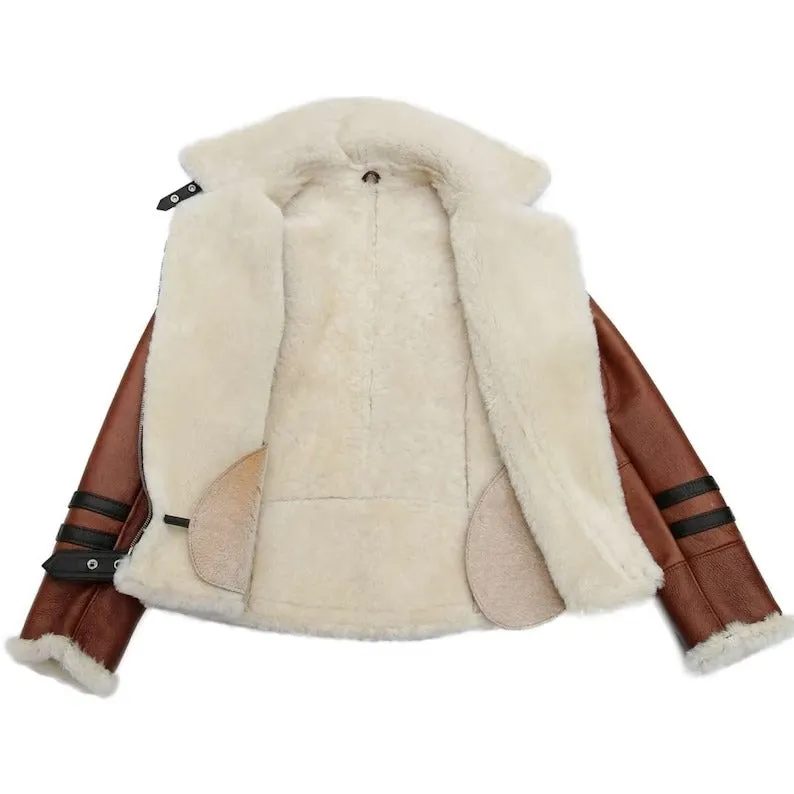 Brown B3 RAF Aviator Shearling Leather Jacket for Women