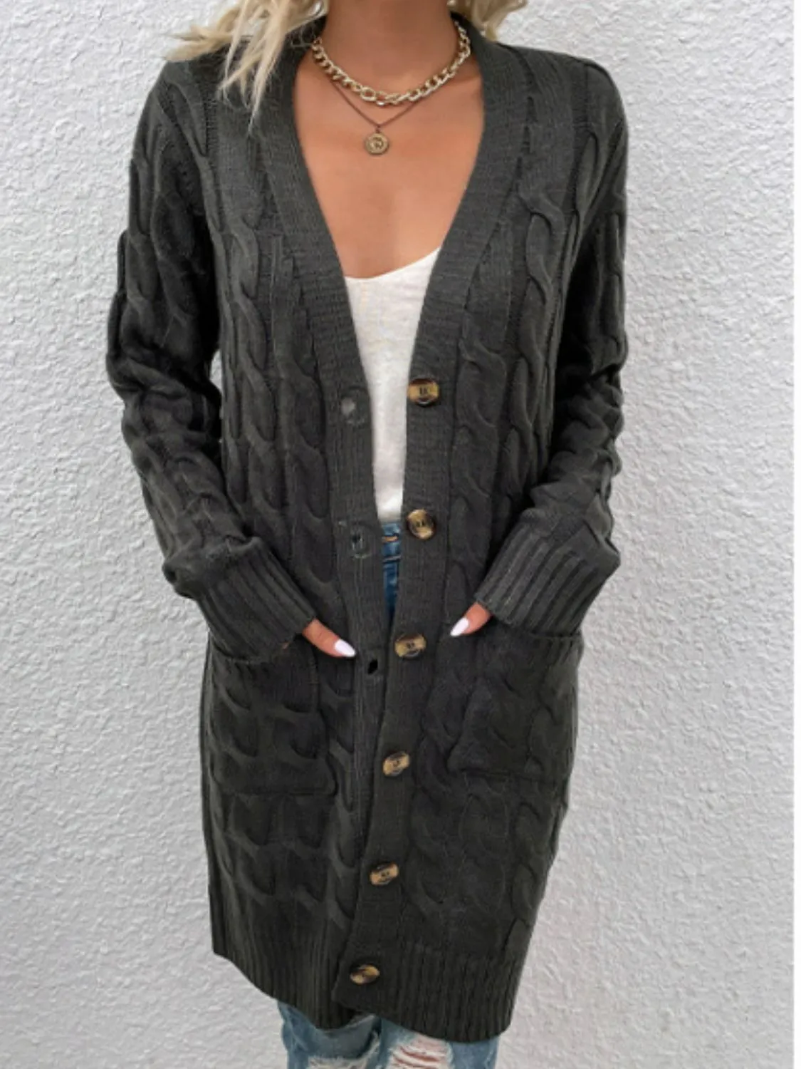 Cable Knit Button Down Cardigan with Pockets - 8 colors