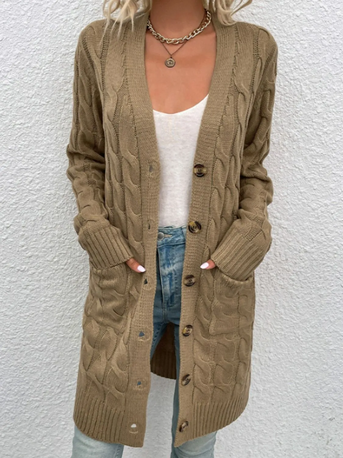 Cable Knit Button Down Cardigan with Pockets - 8 colors