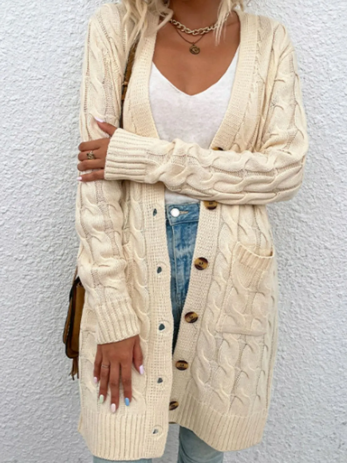 Cable Knit Button Down Cardigan with Pockets - 8 colors