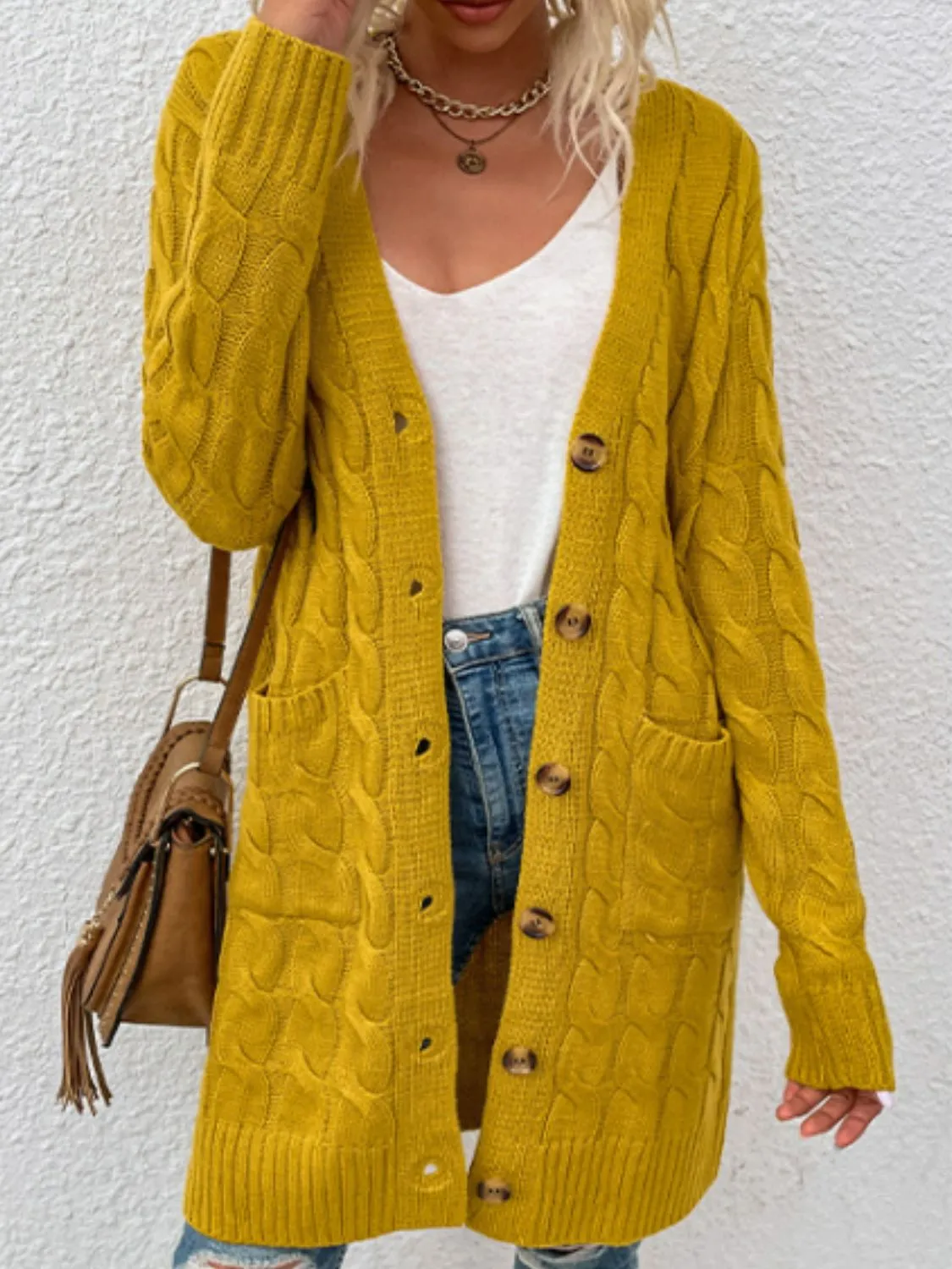 Cable Knit Button Down Cardigan with Pockets - 8 colors