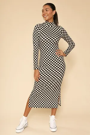 Checker Print Mock Neck Dress