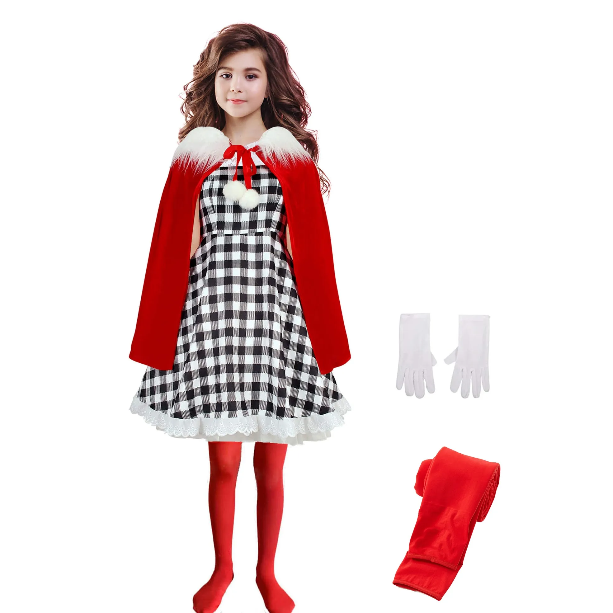 Cindy Lou Who Costume Kids Adult Christmas Hooded Cape Dress Pantyhose and Gloves 4pcs Suit