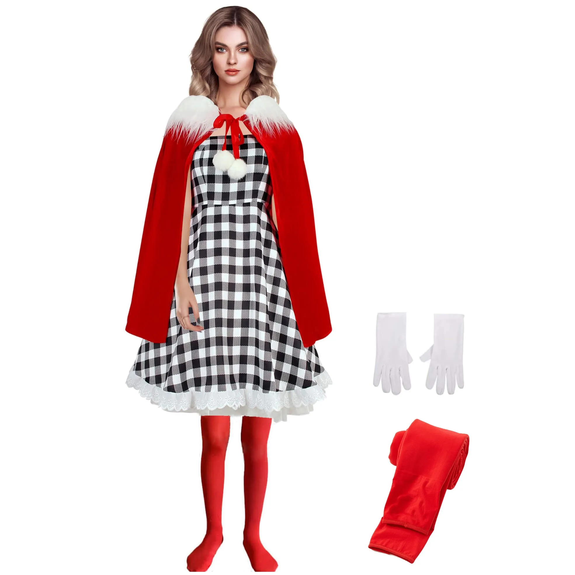 Cindy Lou Who Costume Kids Adult Christmas Hooded Cape Dress Pantyhose and Gloves 4pcs Suit