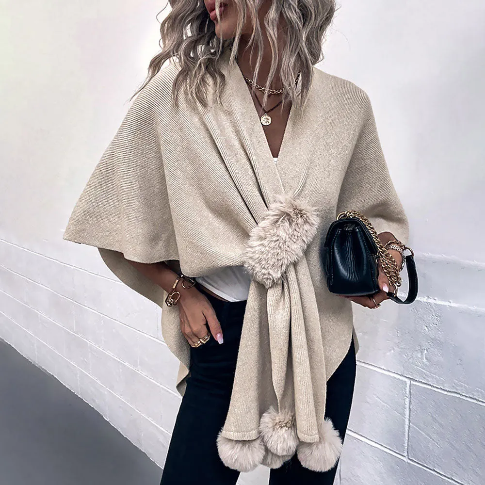 Classy Faux Fur Pom Pom Pull Through Crossover Knit Cape Cardigan