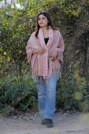 Classy Pink & Grey Colour Woollen Cashmere Faux Fur Cape Stole.