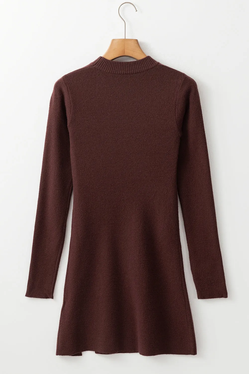 Coffee Slim Fit Mock Neck Side Slit Sweater Dress