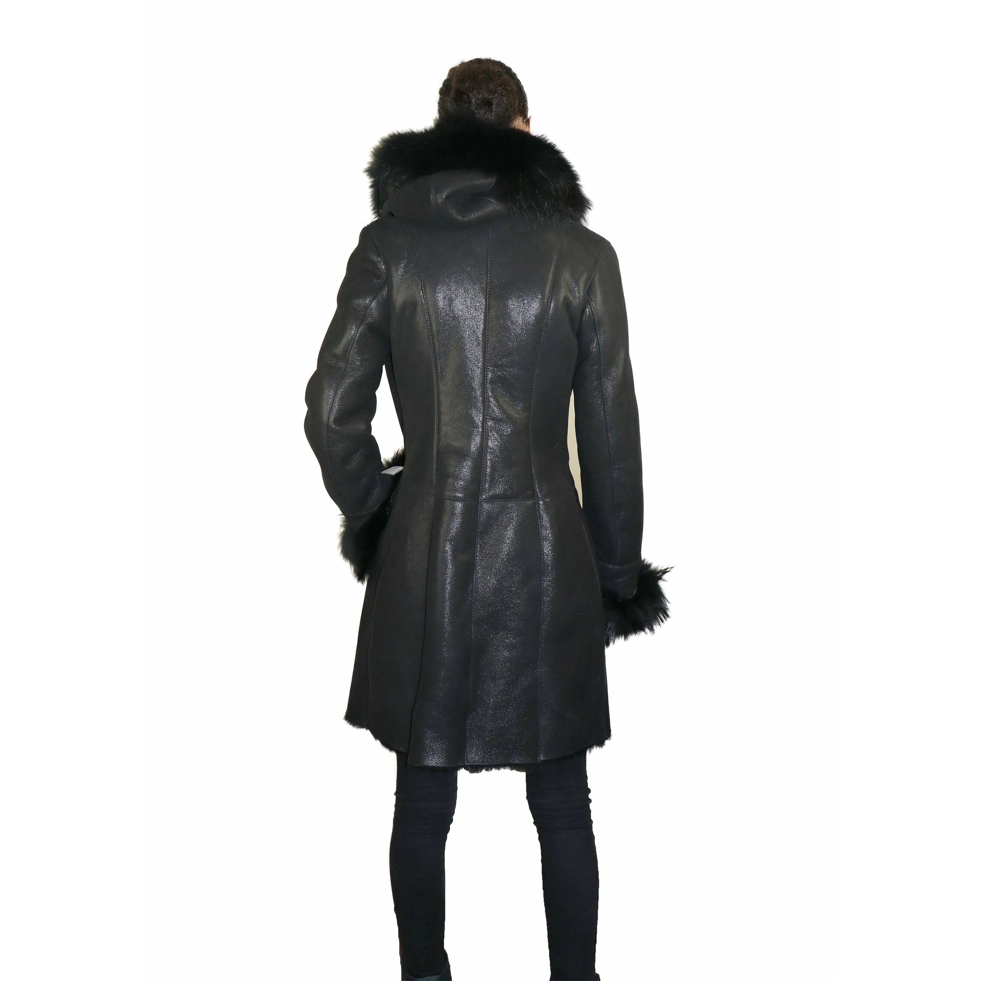 DODICI Women's Sheepskin Shearling Coat with Fur Trim