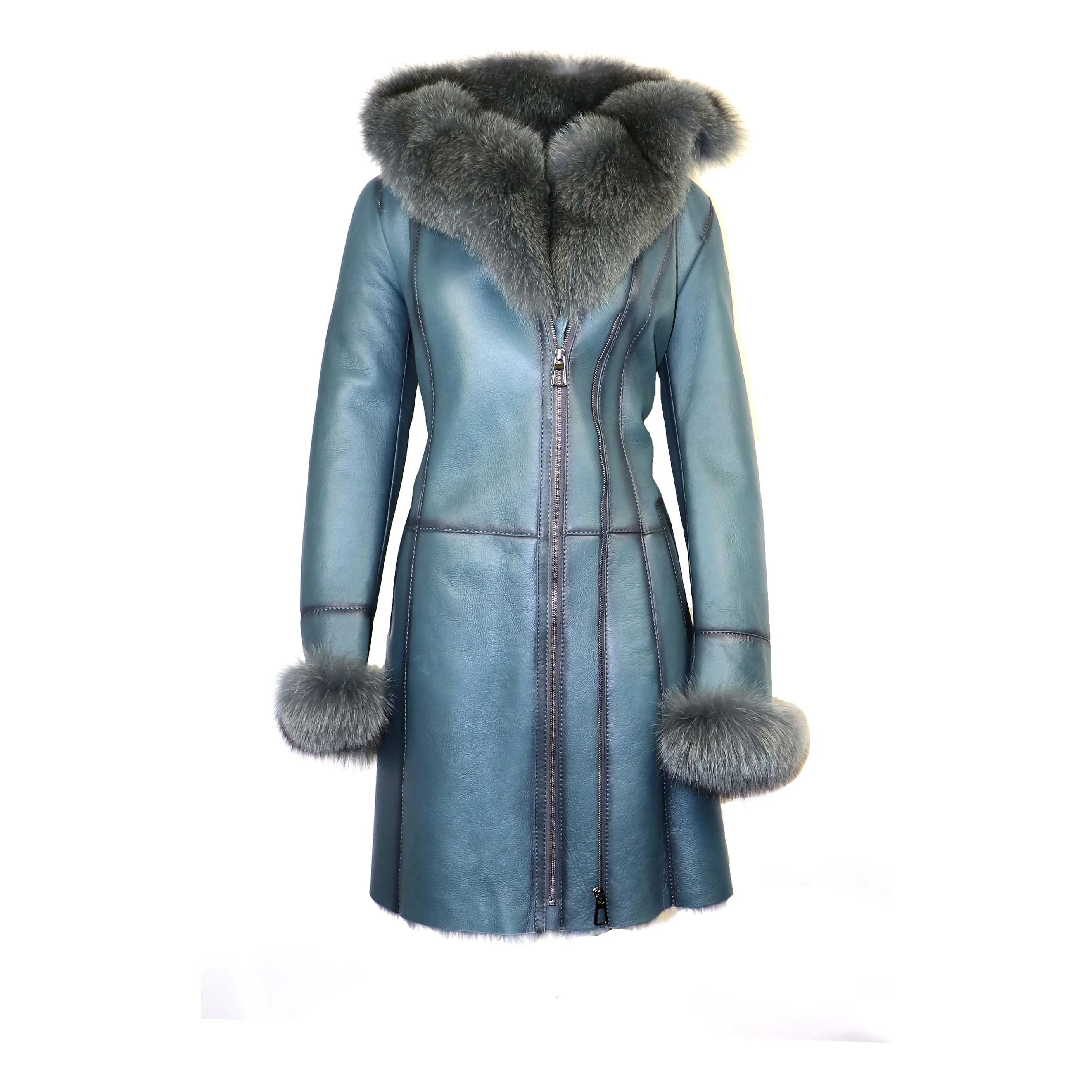 DODICI Women's Sheepskin Shearling Coat with Fur Trim