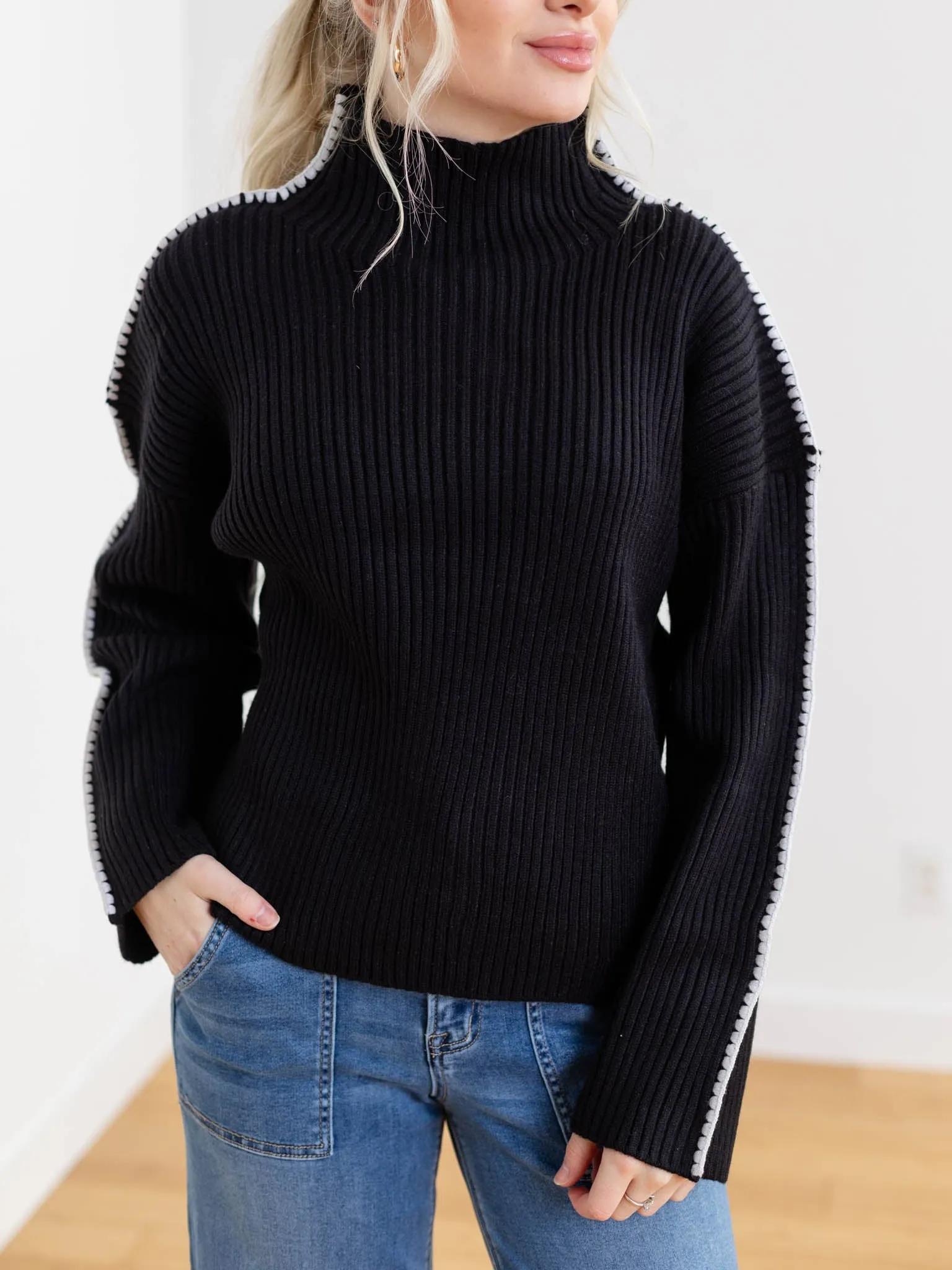 Elan Contrast Stitch Mock Neck