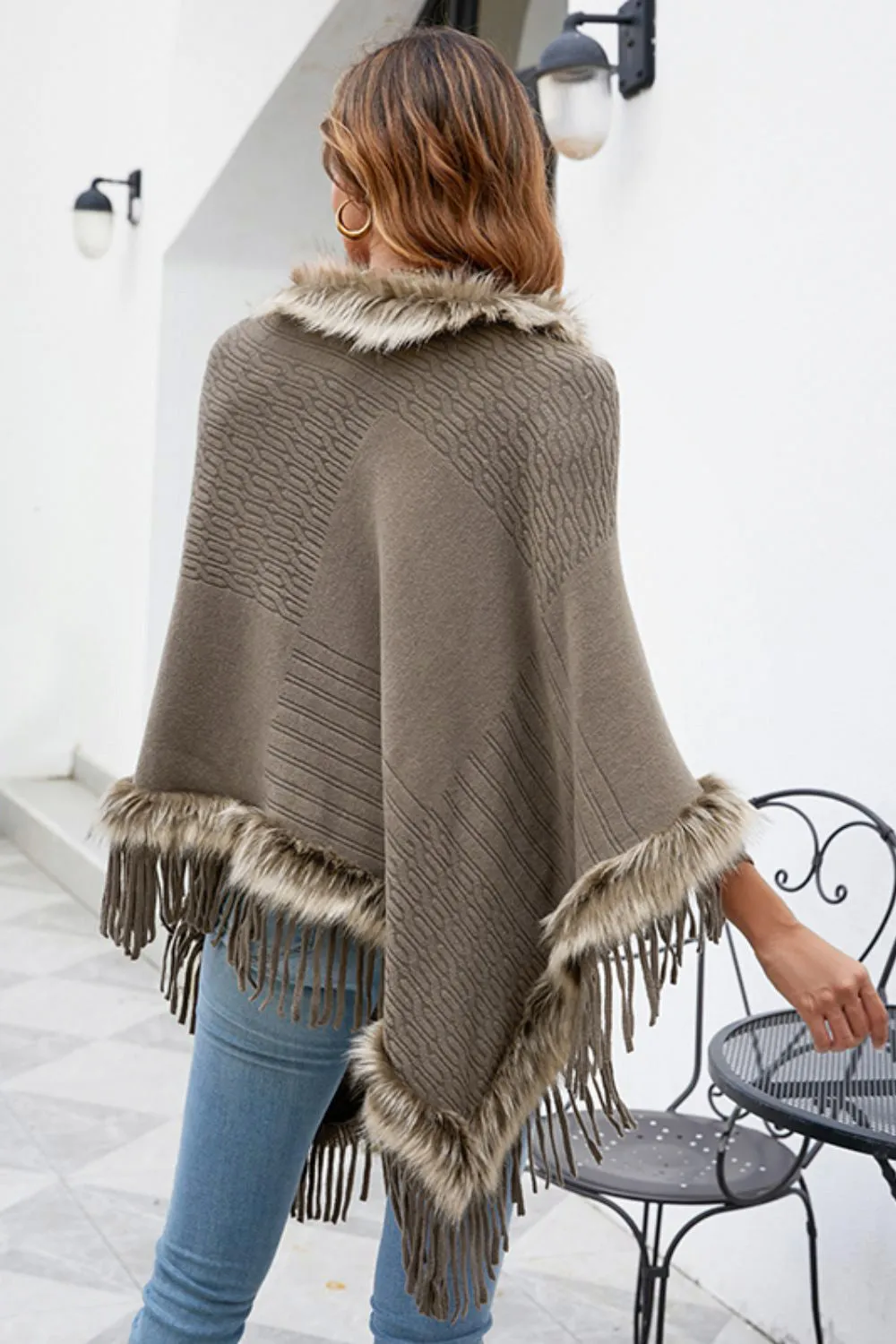 Faux Fur Trim Fringed Poncho