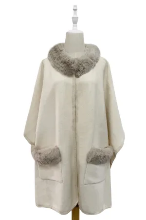 Faux Fur Trim Wool Cape With Pockets