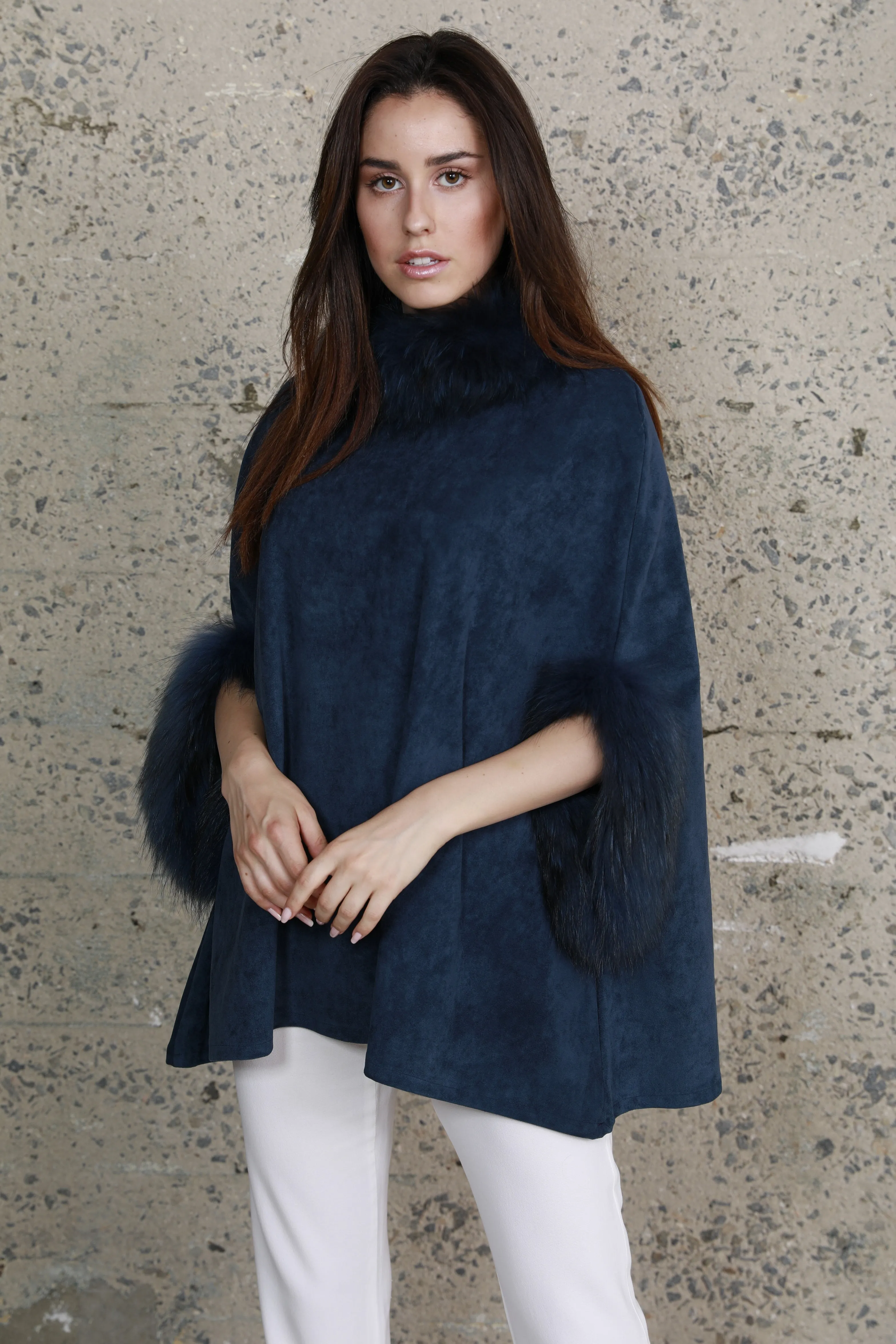 Faux Suede Fur Trimmed Poncho