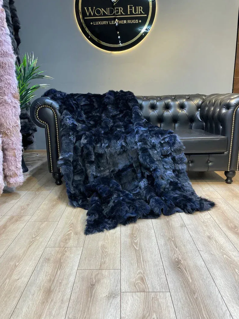 Genuine Navy Blue Throw King Size Blanket, Ultra Soft Natural Sheepskin Fur Throw