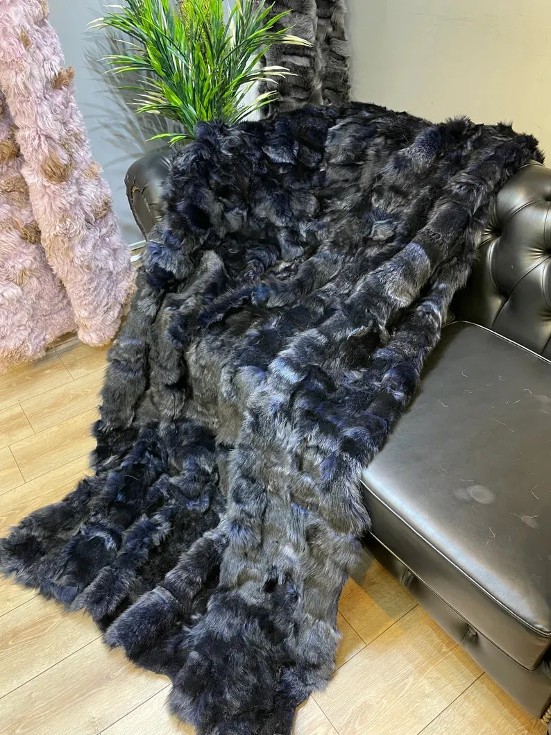 Genuine Navy Blue Throw King Size Blanket, Ultra Soft Natural Sheepskin Fur Throw