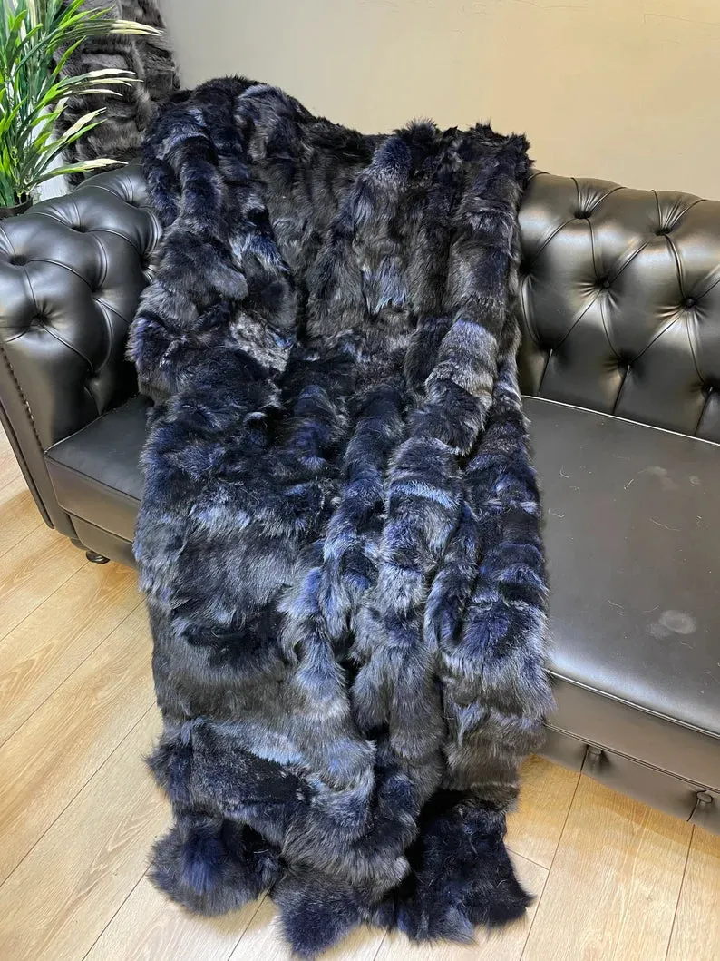 Genuine Navy Blue Throw King Size Blanket, Ultra Soft Natural Sheepskin Fur Throw