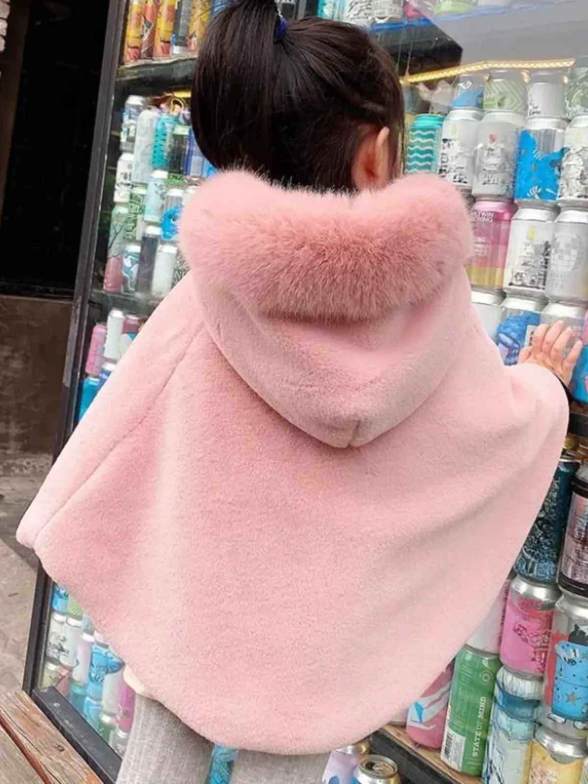 Girls Luxurious Plush Faux Fur Hooded Cape Coat