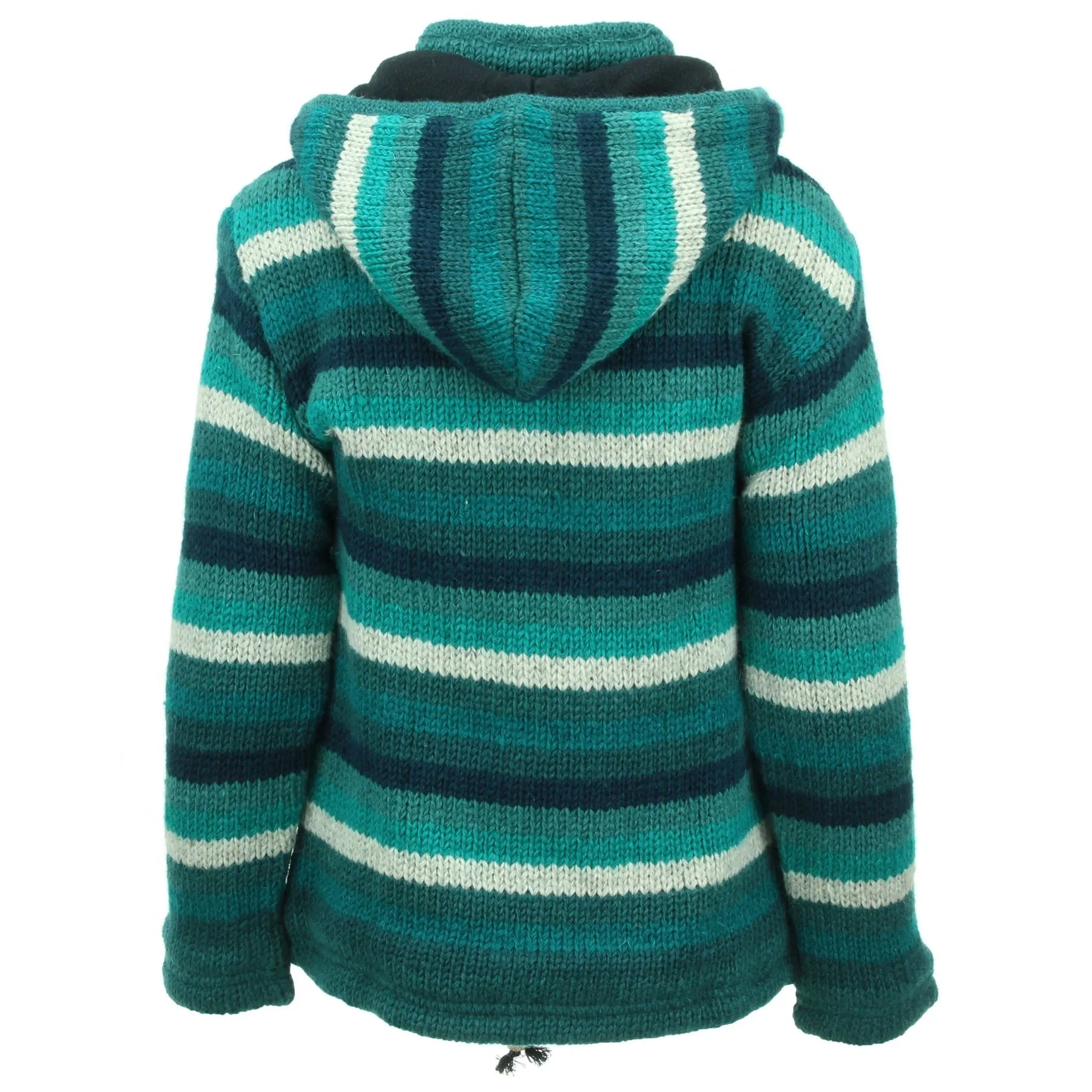 Hand Knitted Wool Hooded Jacket Cardigan Ladies Cut - Stripe Teal