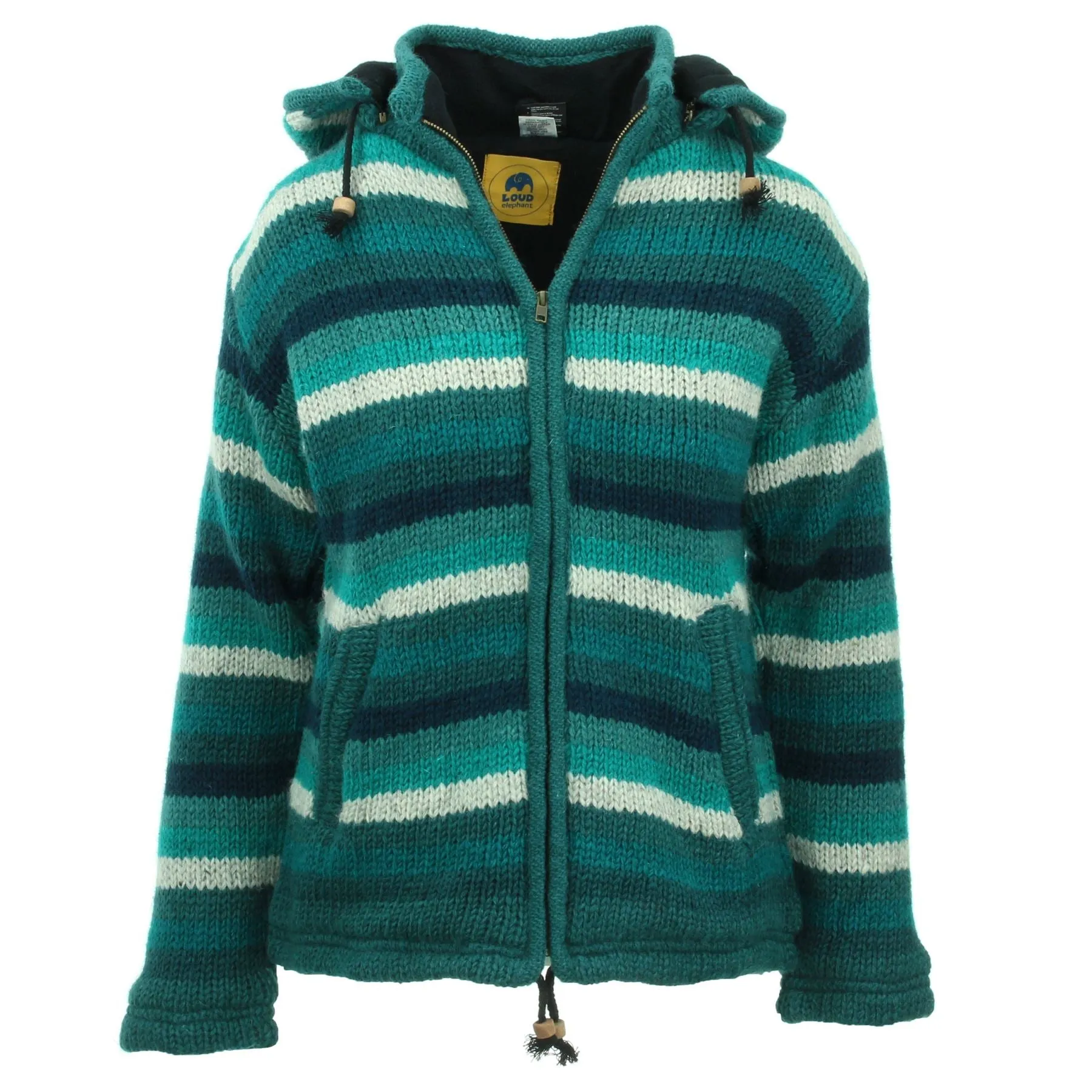 Hand Knitted Wool Hooded Jacket Cardigan Ladies Cut - Stripe Teal