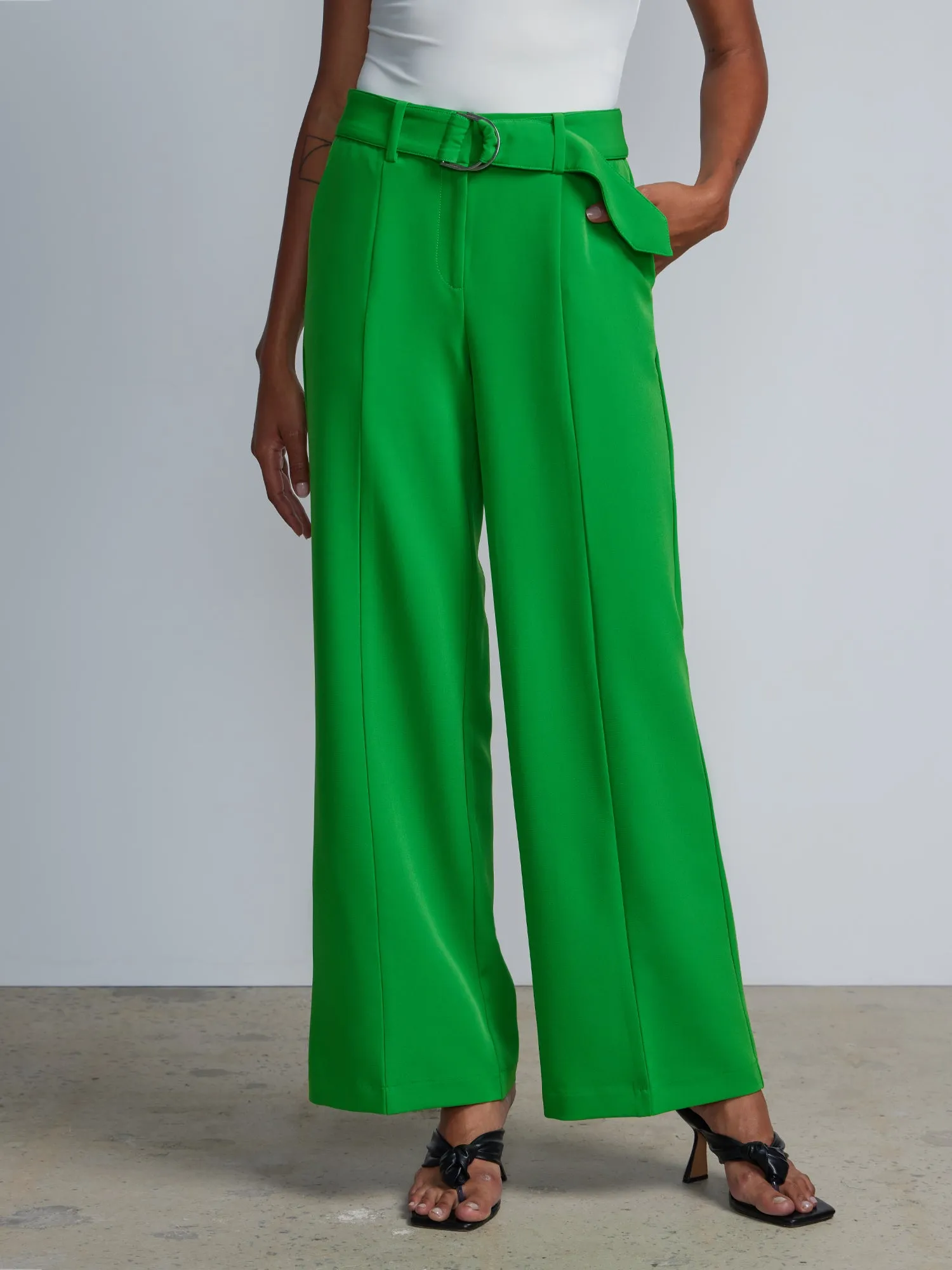 High Rise D-Ring Belt Wide Leg Pants