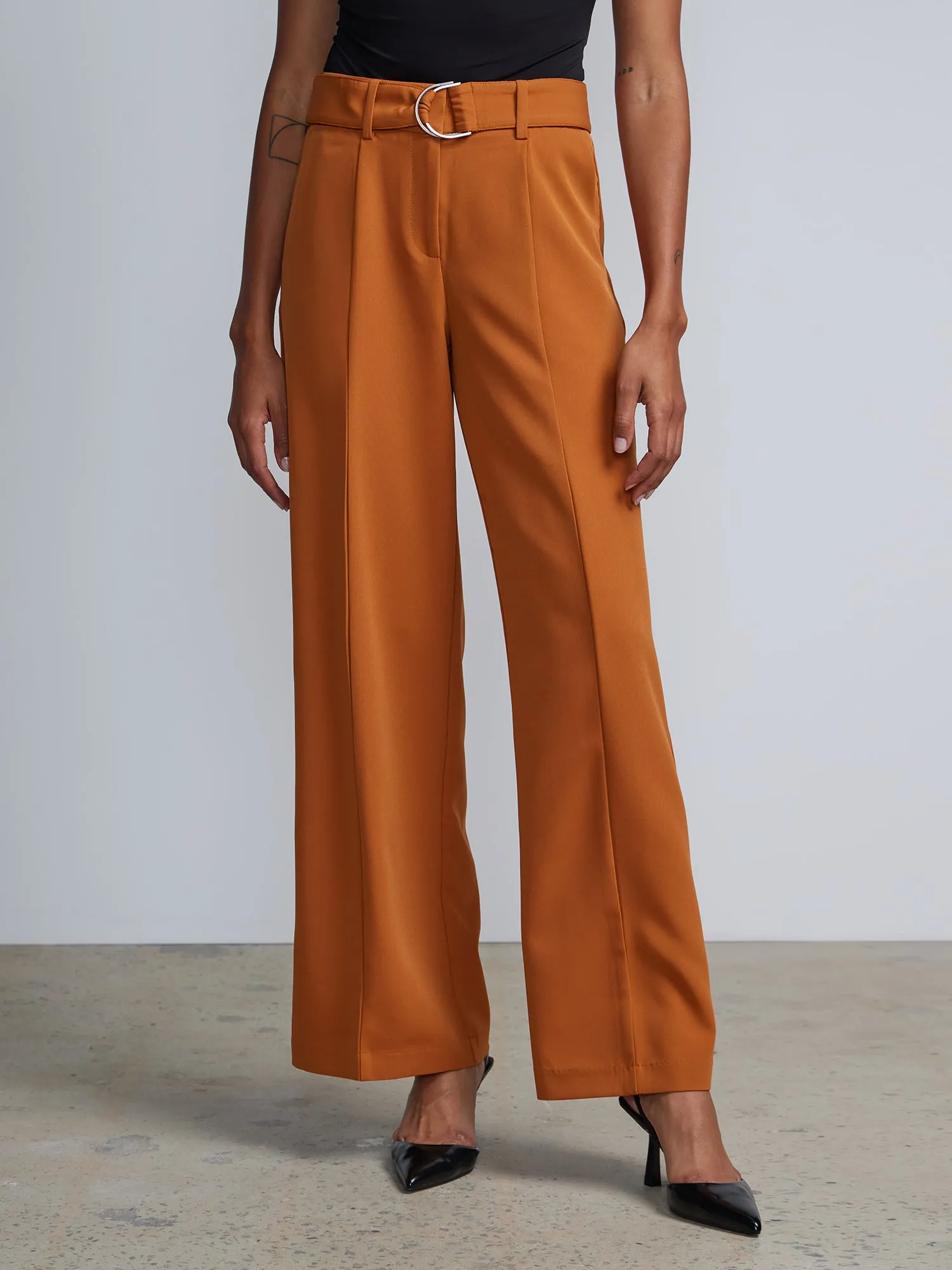 High Rise D-Ring Belt Wide Leg Pants