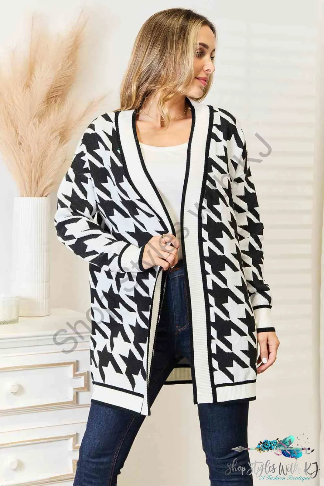 Houndstooth Open Front Longline Cardigan