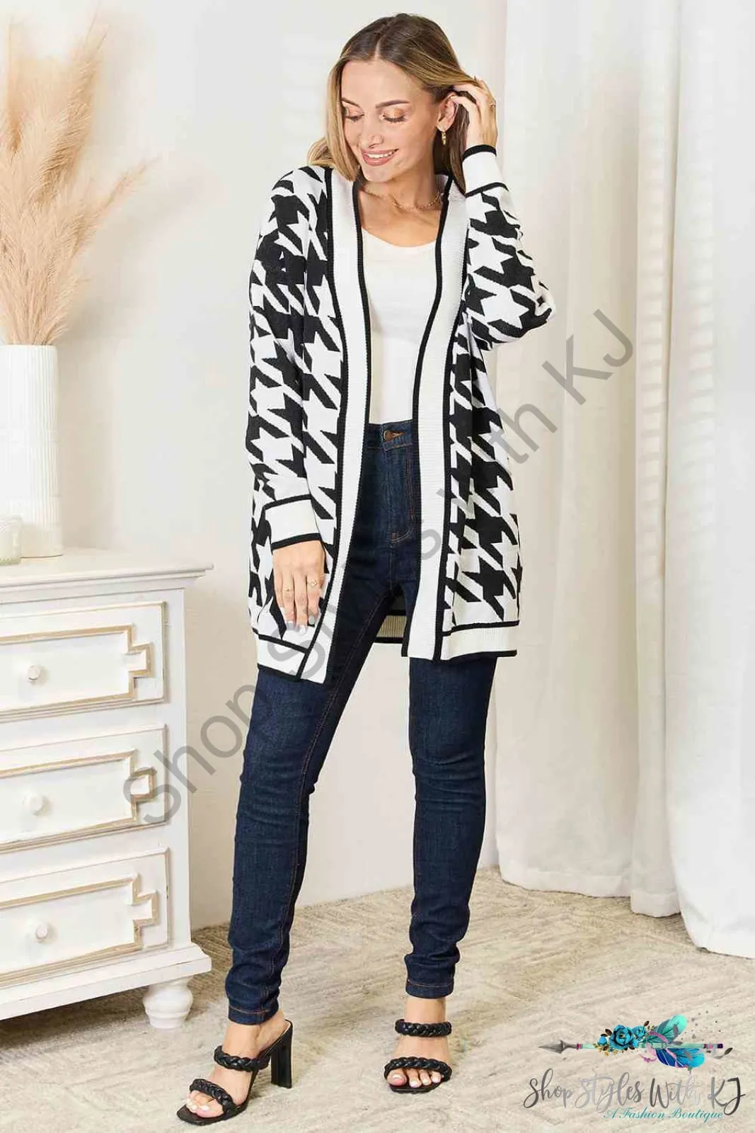 Houndstooth Open Front Longline Cardigan