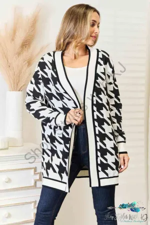 Houndstooth Open Front Longline Cardigan