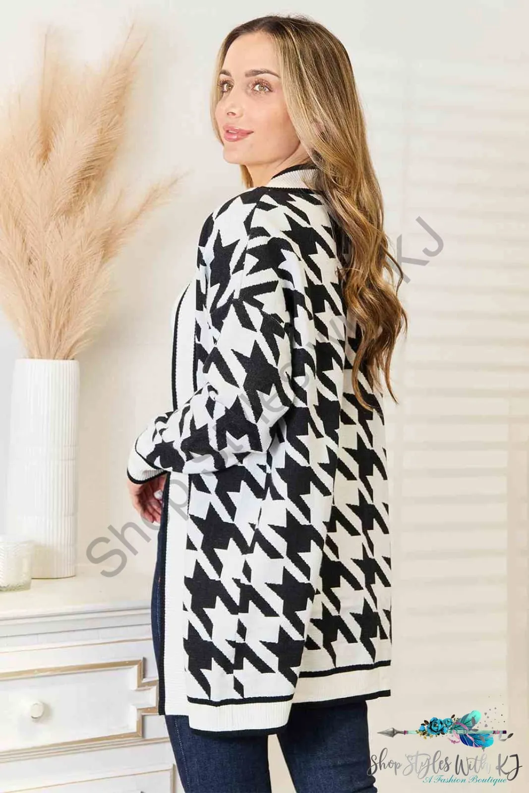 Houndstooth Open Front Longline Cardigan