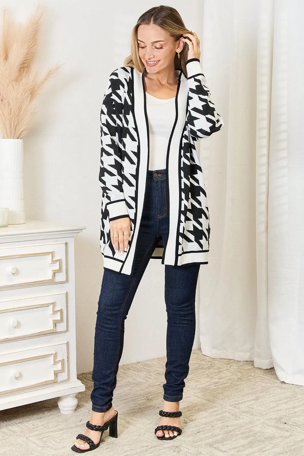 Houndstooth Open Front Woven Cardigan