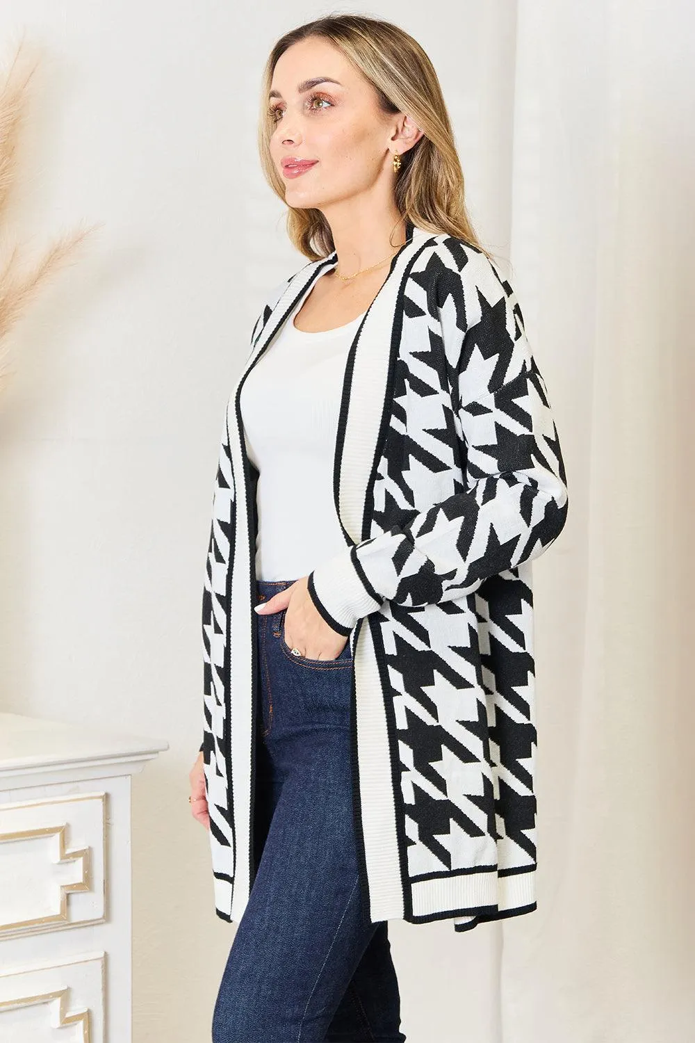 Houndstooth Open Front Woven Cardigan