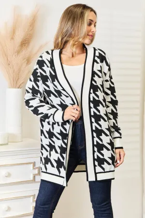 Houndstooth Open Front Woven Cardigan