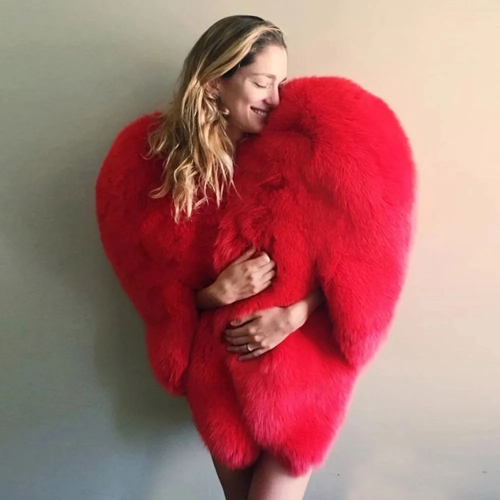 India Stylish 3D Red Love Heart Shaped Cape Faux Fox Fur Thick Warm (Celebrity)