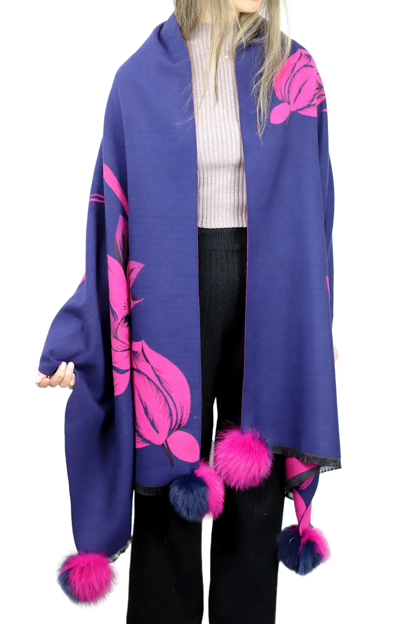 La Fiorentina Garden Print Wrap with Fur Poms - Navy/Pink