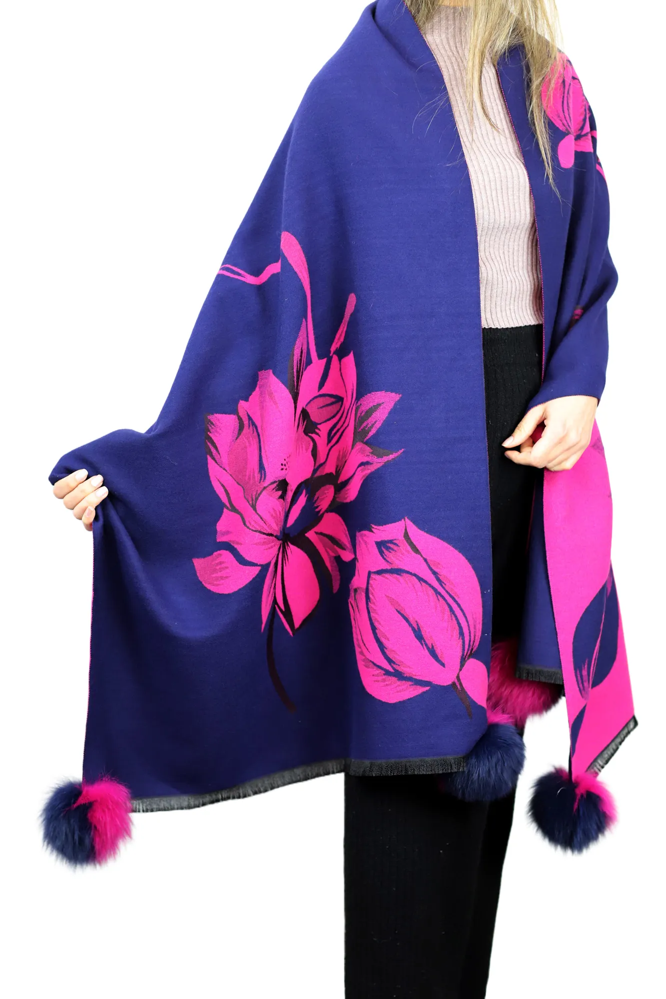 La Fiorentina Garden Print Wrap with Fur Poms - Navy/Pink