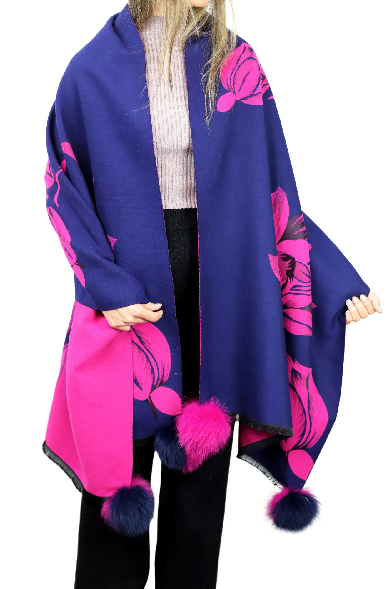 La Fiorentina Garden Print Wrap with Fur Poms - Navy/Pink