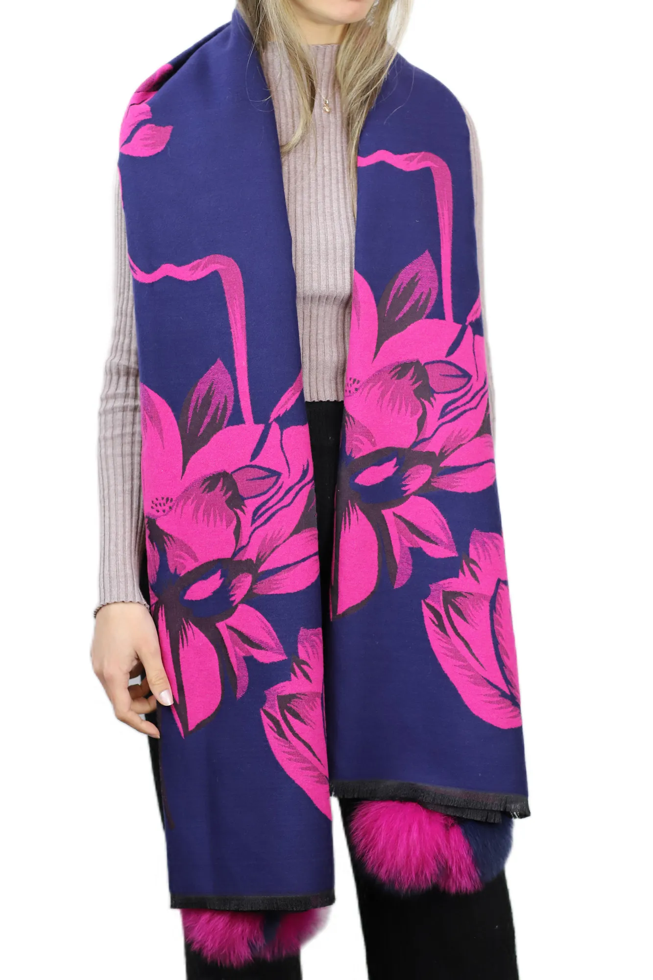 La Fiorentina Garden Print Wrap with Fur Poms - Navy/Pink