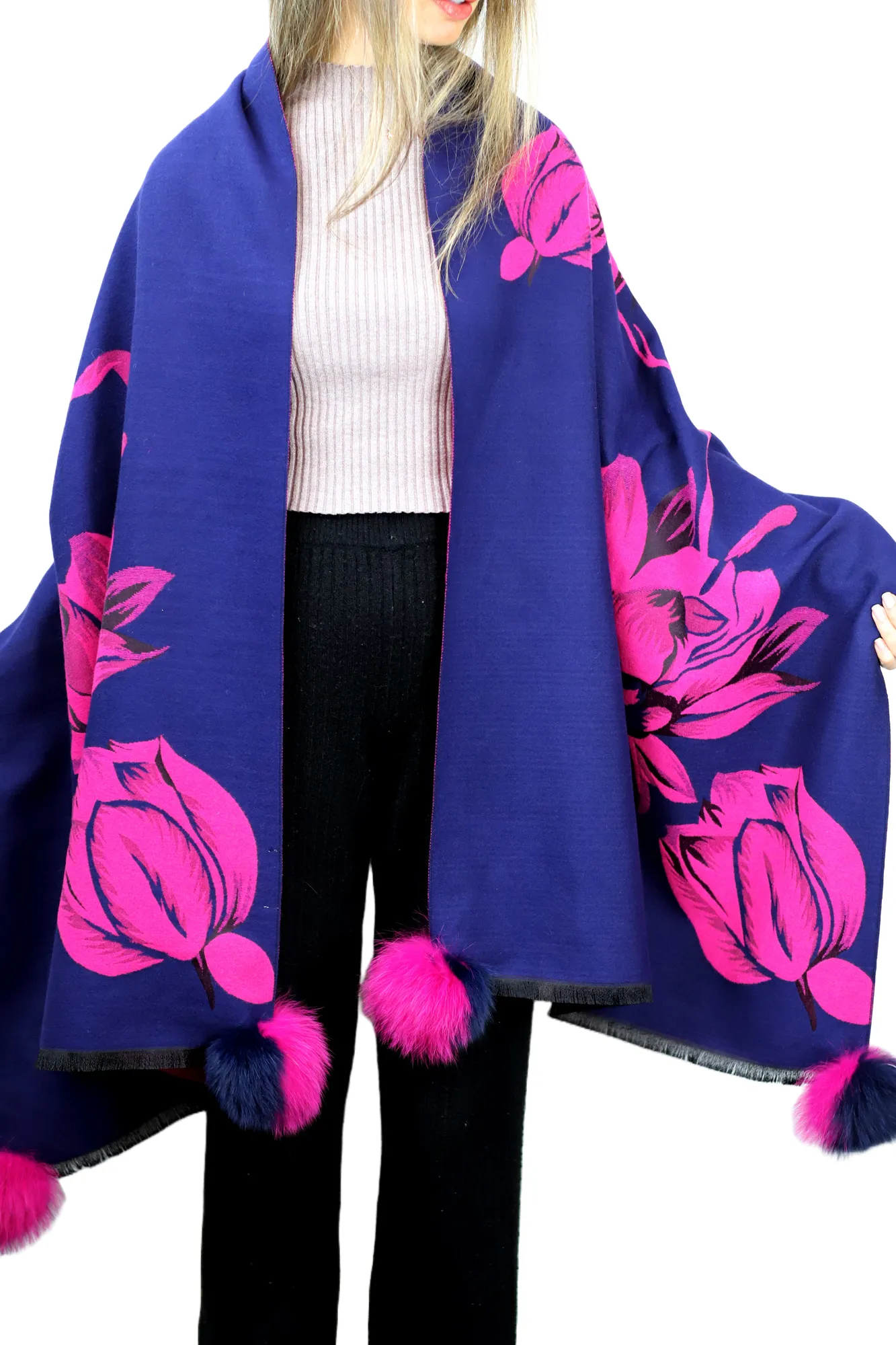 La Fiorentina Garden Print Wrap with Fur Poms - Navy/Pink