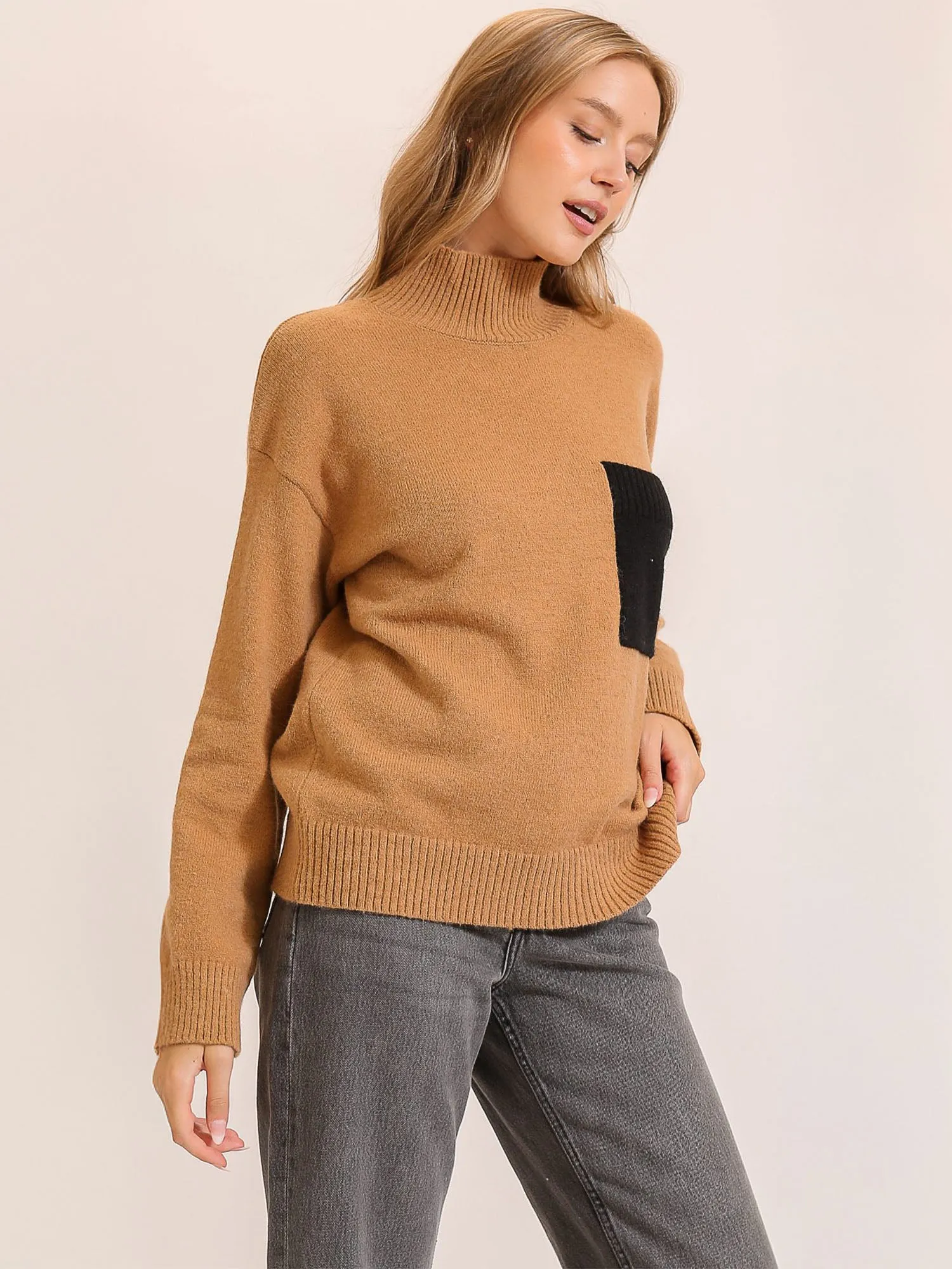 Long Sleeves Contrast Pocket Mock Neck Sweater