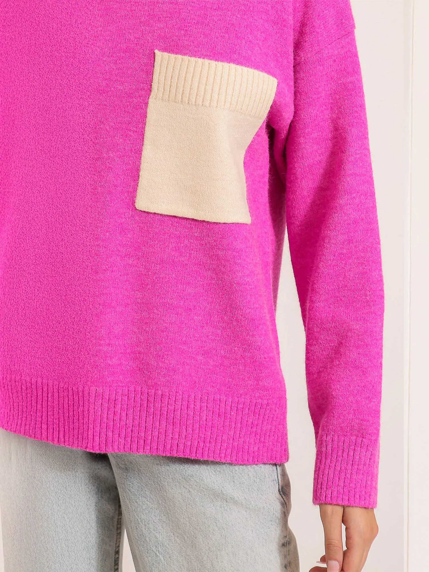 Long Sleeves Contrast Pocket Mock Neck Sweater